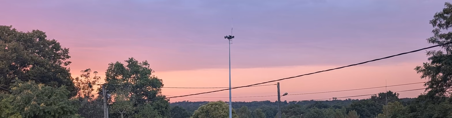 Pastel sunset over a treeline, with a siren pole and power lines in silhouette