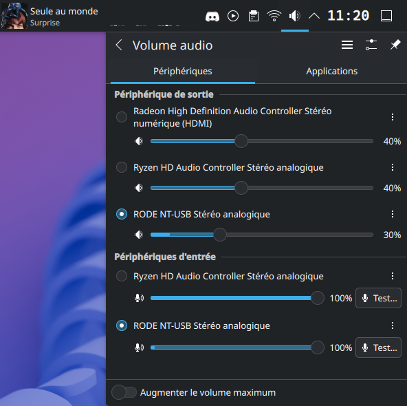 KDE audio panel showing per-device and per-app volume controls