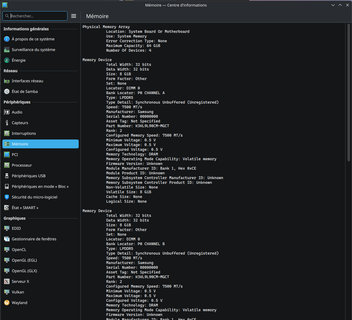 KInfoCenter's Memory page, listing each RAM module in full: type, size, speed, voltage, manufacturer and part number