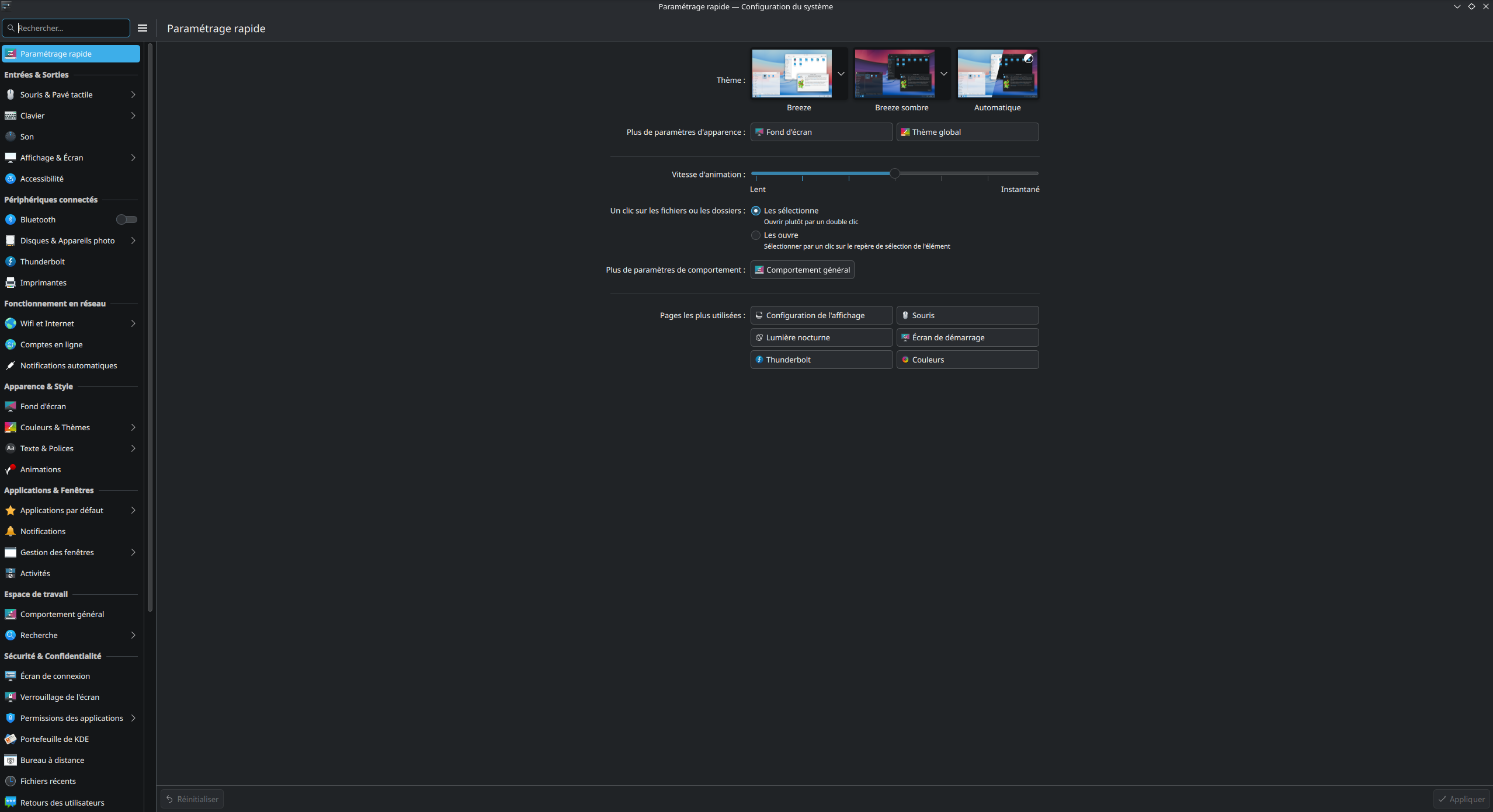 The KDE System Settings app on its Quick Settings page, showing theme, animation speed and click behaviour options, with every settings category listed in the sidebar